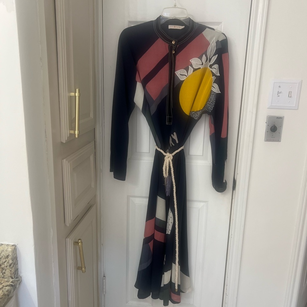 Tory Burch Scarf Print Embroidered Long Sleeve Midi Dress